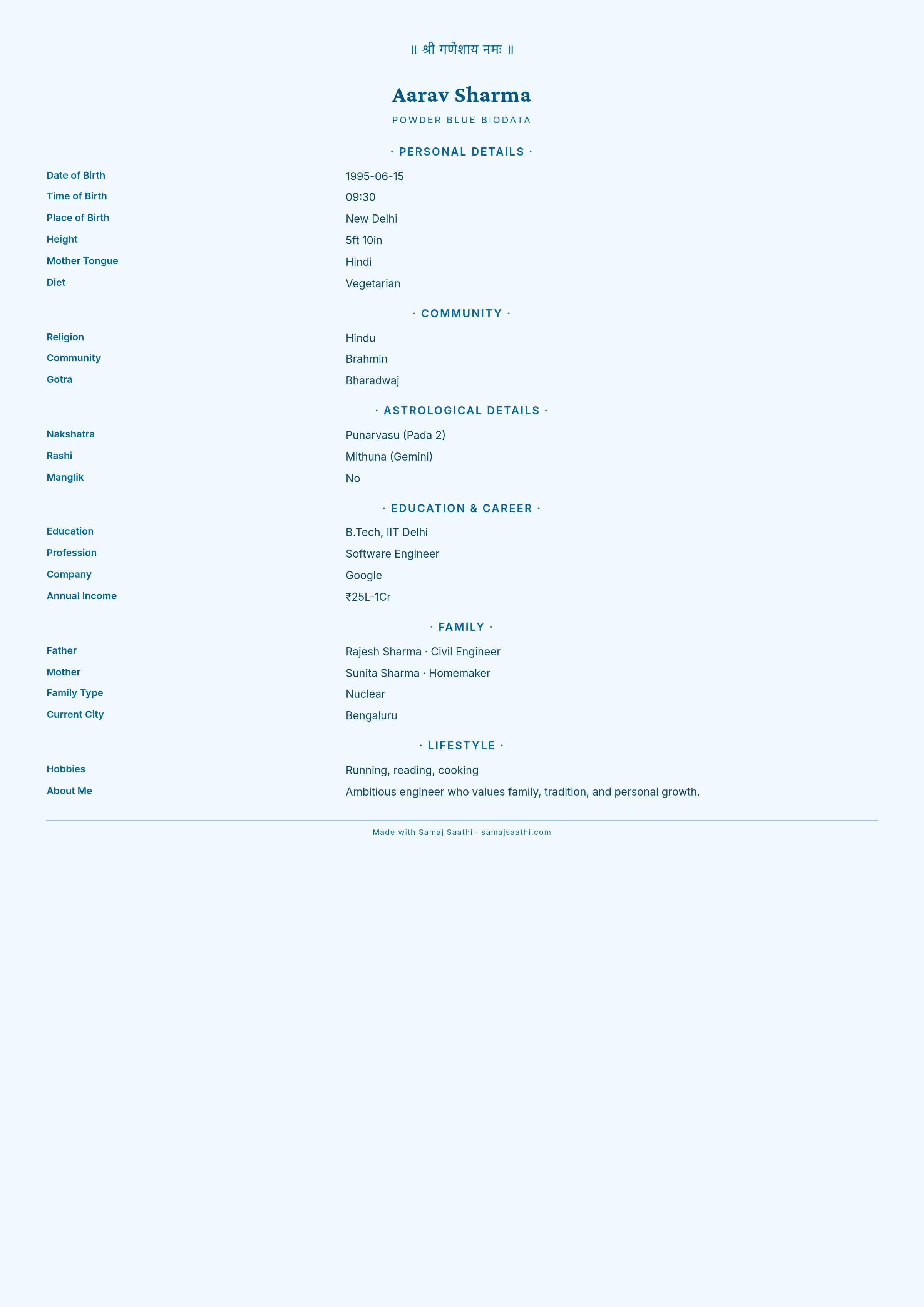 Powder Blue biodata template preview