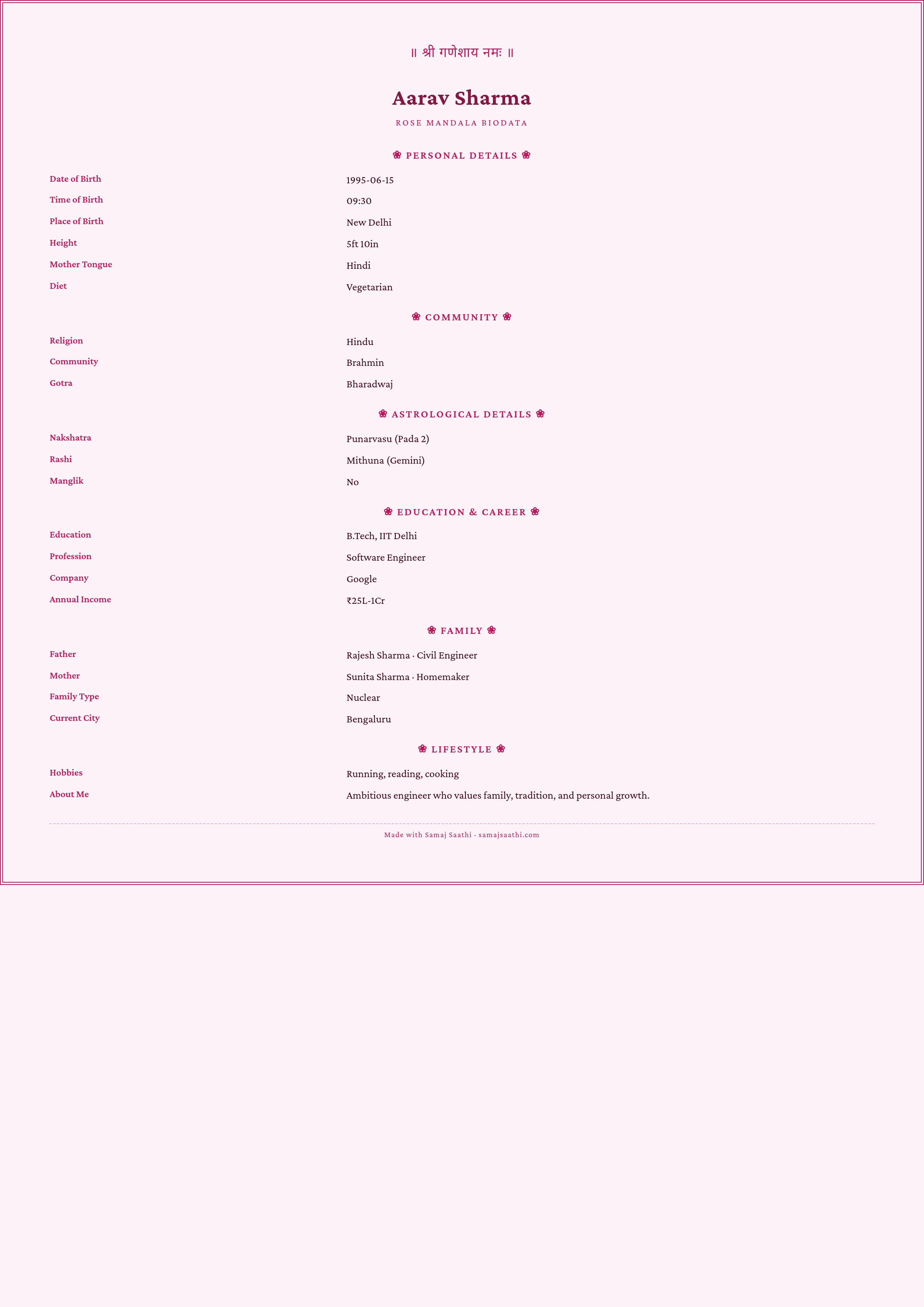 Rose Mandala biodata template preview